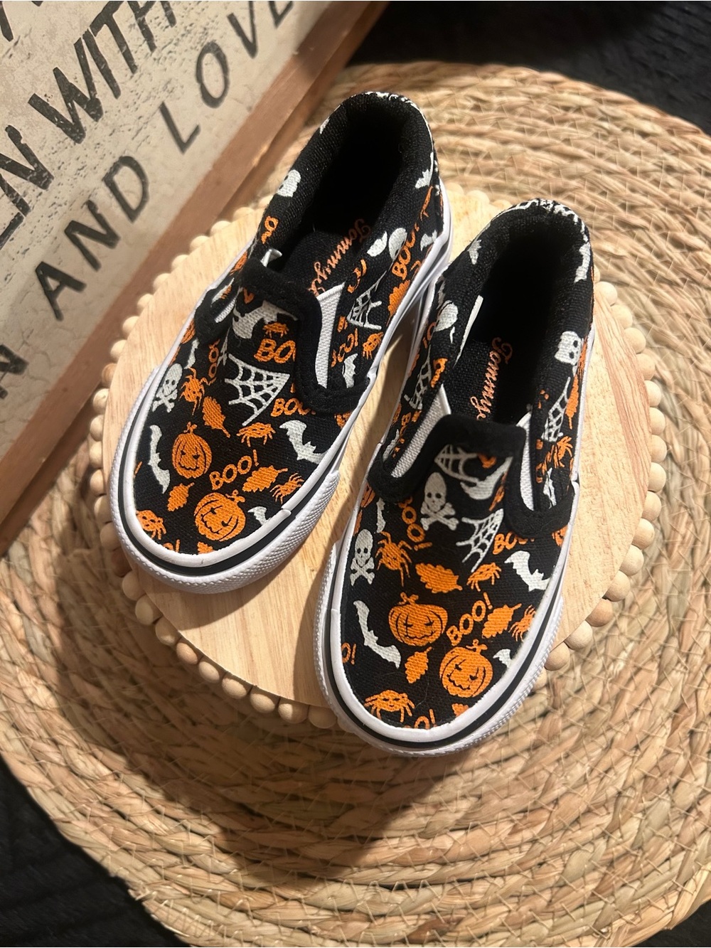 Kids Halloween Slip-On Shoes - Black & Orange Pumpkin Print